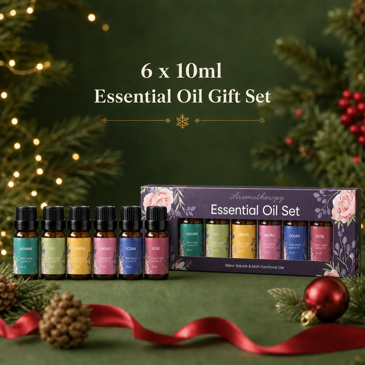 A 6-piece essential oil gift set displayed with six small amber bottles in front of their floral purple packaging box. The set includes various scents like Lavender, Lemon, Peppermint, Rose, Ocean, and Balm.