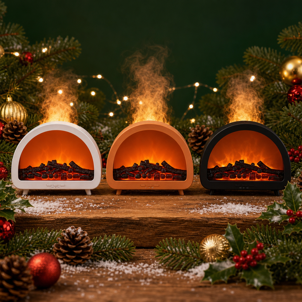 Three small arched tabletop fireplace decor units with faux flames and logs, arranged on a wooden surface with pine branches, ornaments, and string lights around them.