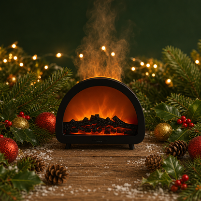 A black arched tabletop fireplace with glowing orange faux flames and glowing embers, styled on a wooden surface with Christmas greenery, ornaments, pinecones, and warm string lights in the background.