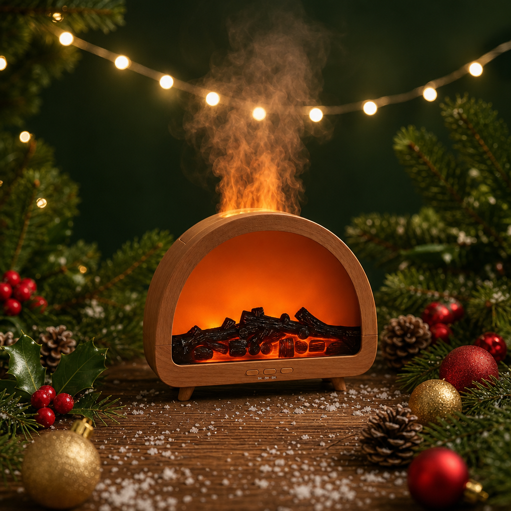 A wooden electric fireplace crackle stove with glowing orange flames and smoke, styled on a rustic wooden table with Christmas greenery, pinecones, ornaments, and warm string lights.