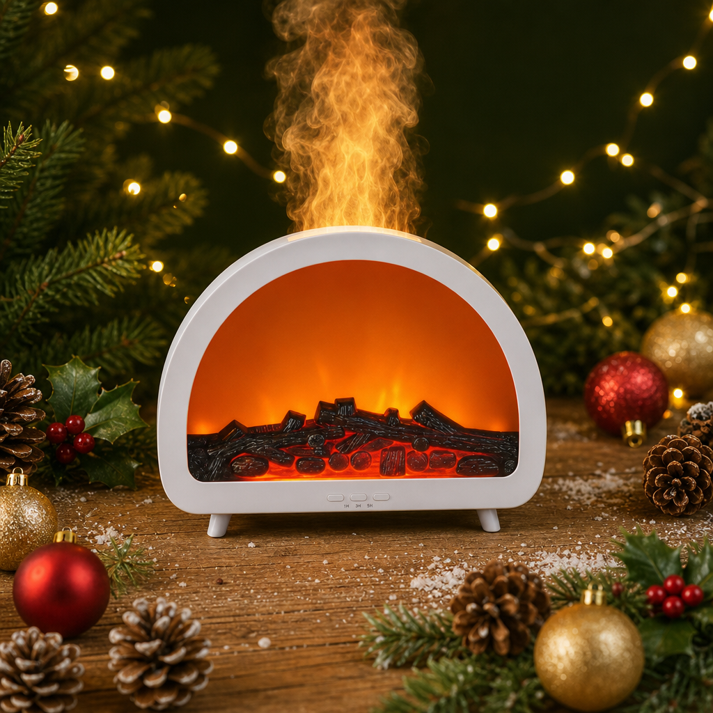 A white arched tabletop fireplace with glowing orange faux flames and black log embers, styled on a wooden surface with Christmas ornaments, pinecones, greenery, and warm string lights in the background.