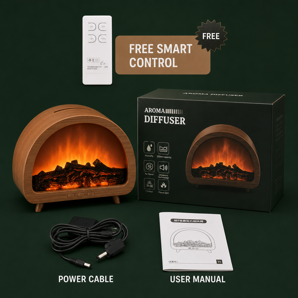 A wooden electric fireplace diffuser with a glowing faux fire display, shown with its black retail box, power cable, user manual, and a remote control on a dark green background. Text overlays advertise a free smart control and label the components.