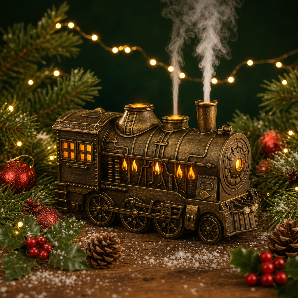 A decorative vintage-style steam locomotive ornament or diffuser sits on a rustic wooden surface surrounded by pine branches, fairy lights, pinecones, holly leaves, and red berries. The train has glowing amber windows and lit smokestacks emitting white steam against a dark green background.