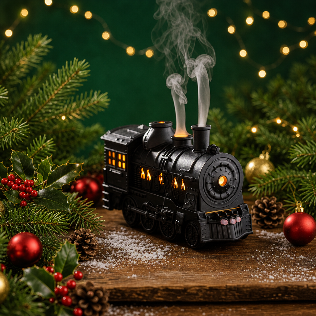 A black decorative steam train figurine with glowing orange windows and white smoke rising from its chimney, displayed on a wooden surface surrounded by Christmas greenery, ornaments, pinecones, and fairy lights.