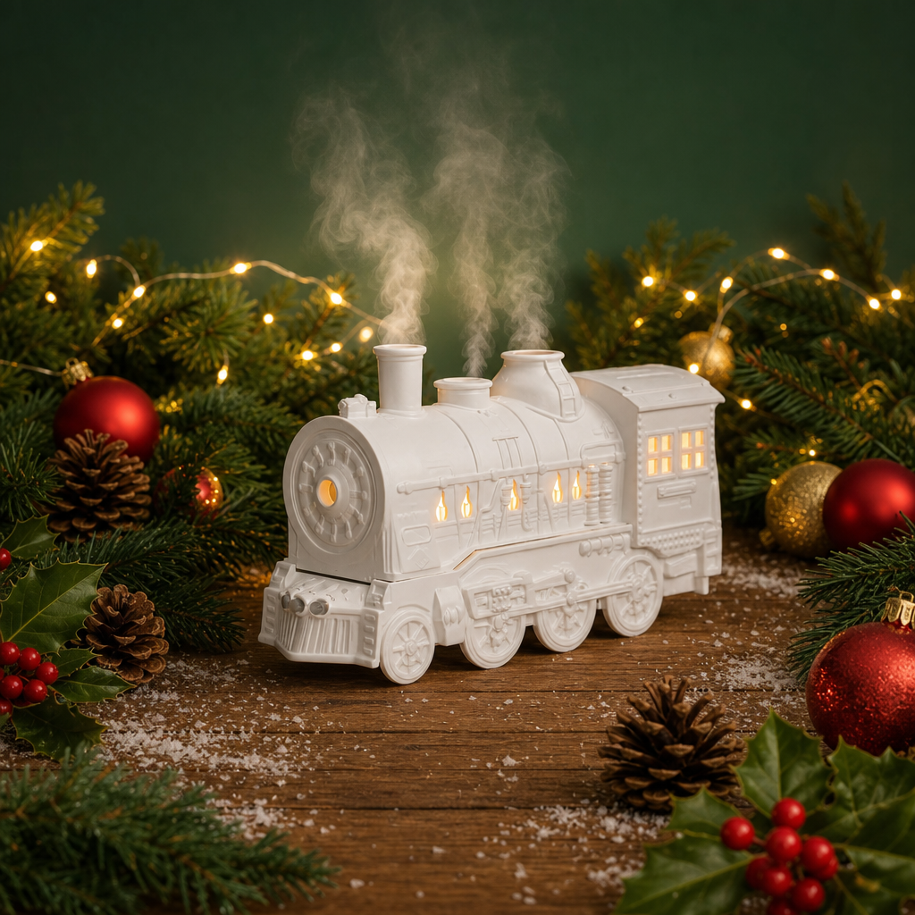 A white ceramic Christmas steam train figurine with glowing yellow window lights and simulated steam, displayed on a wooden surface surrounded by pine branches, red ornaments, pinecones, holly, and fairy lights against a dark green background.