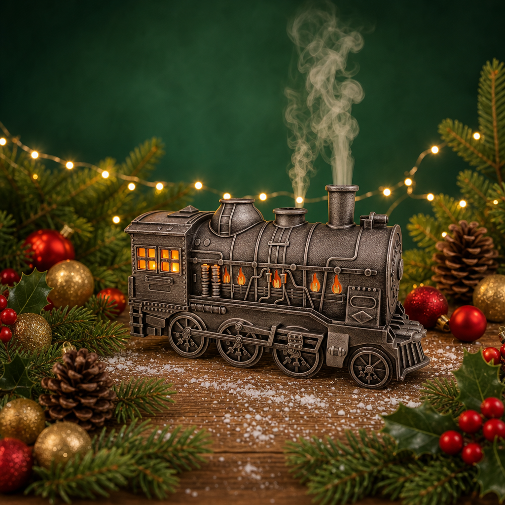 A decorative miniature steam locomotive figurine with glowing orange windows and rising white steam, styled on a wooden surface with pine branches, pinecones, red and gold ornaments, and warm string lights against a dark green background.