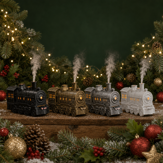 Four decorative Christmas train figurines in black, bronze, silver, and gray, arranged on a wooden shelf with festive greenery, pinecones, red berries, and warm string lights in the background.