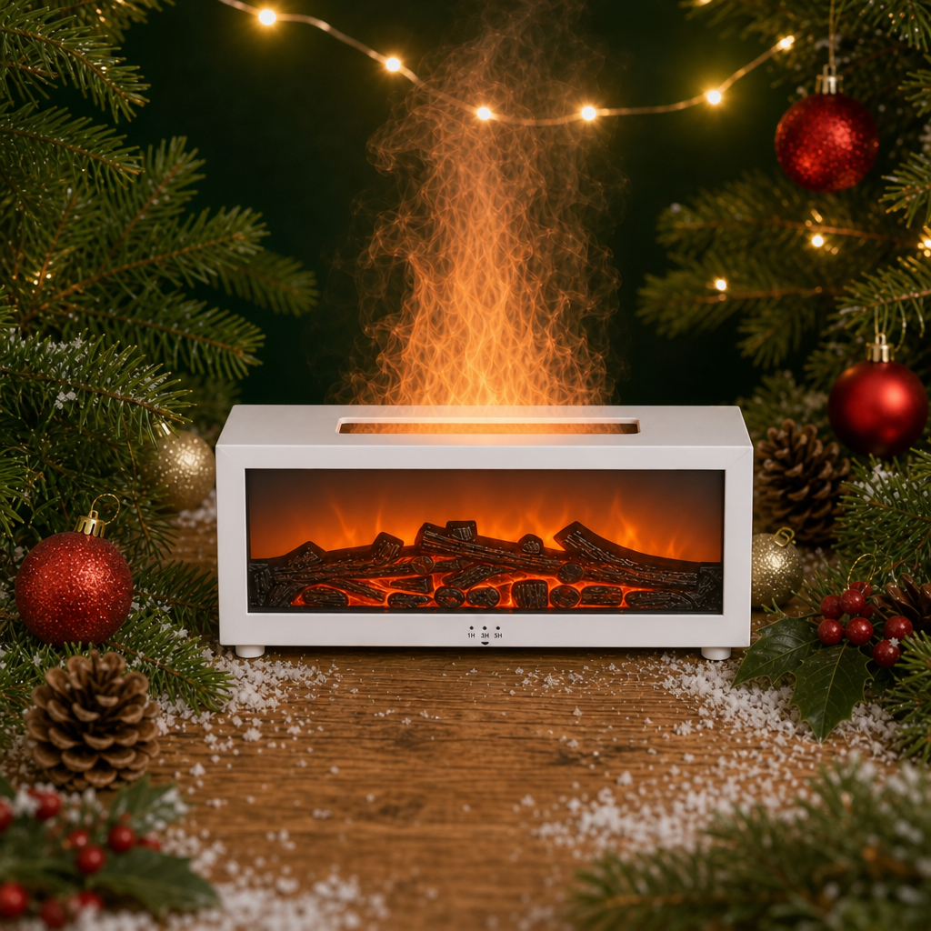 A white electric fireplace insert with glowing faux logs and a simulated flame effect, styled on a wooden surface with Christmas greenery, red ornaments, pinecones, and warm string lights in the background.