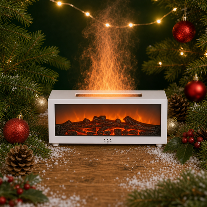 A white electric fireplace insert with glowing faux logs and a simulated flame effect, styled on a wooden surface with Christmas greenery, red ornaments, pinecones, and warm string lights in the background.