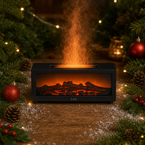 A black rectangular electric fireplace with glowing faux logs and a rising flame effect, styled on a wooden surface with Christmas greenery, ornaments, pinecones, and warm string lights.
