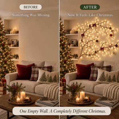 A side-by-side holiday living room comparison labeled BEFORE and AFTER. The left side shows a decorated Christmas tree, sofa, candles, and a large empty wall.