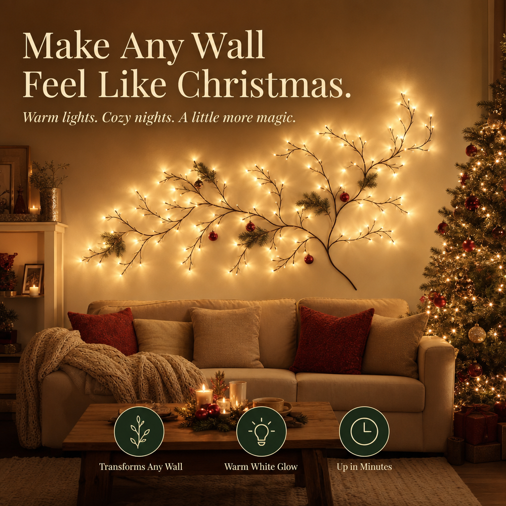 Christmas branch wall light with warm white LED lights and small red ornaments, mounted on a wall above a cozy living room sofa with a Christmas tree at right. Large text reads 'Make Any Wall Feel Like Christmas.