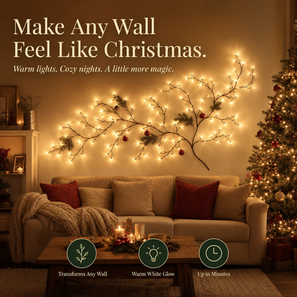 Christmas branch wall light with warm white LED lights and small red ornaments, mounted on a wall above a cozy living room sofa with a Christmas tree at right. Large text reads 'Make Any Wall Feel Like Christmas.