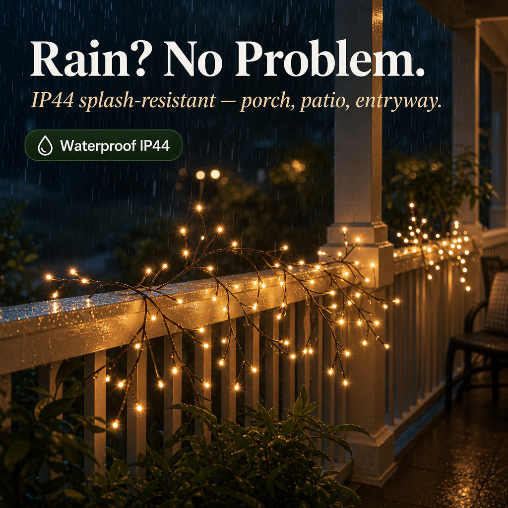 Warm white branch-style string lights draped over a porch railing at night during rain, with large text reading 'Rain? No Problem. IP44 splash-resistant — porch, patio, entryway.