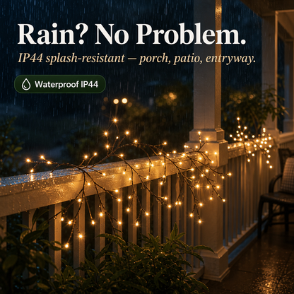 Warm white branch-style string lights draped over a porch railing at night during rain, with large text reading 'Rain? No Problem. IP44 splash-resistant — porch, patio, entryway.