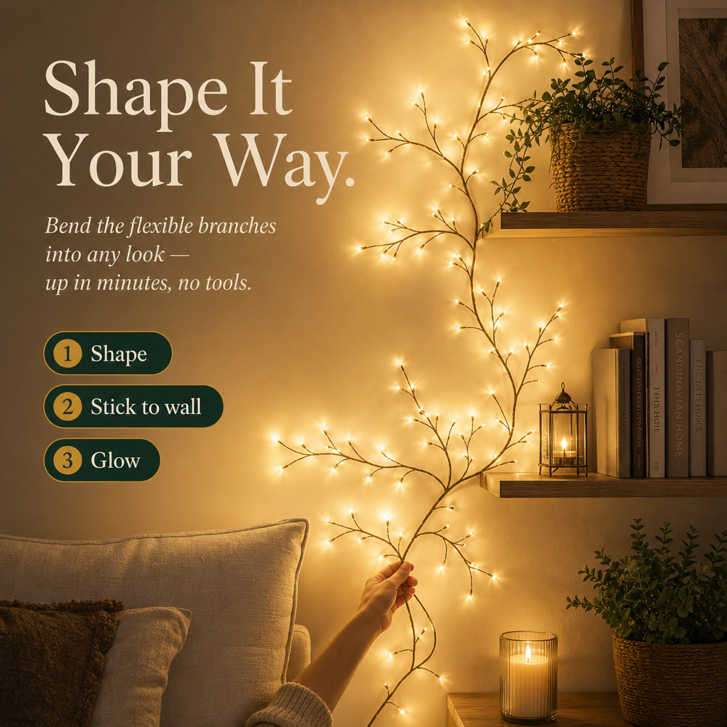 Warm white LED branch string lights shaped like tree branches, shown hanging on a wall in a cozy living room setting. A hand is holding the flexible branch, with shelves, books, a candle, and pillows visible in the background.