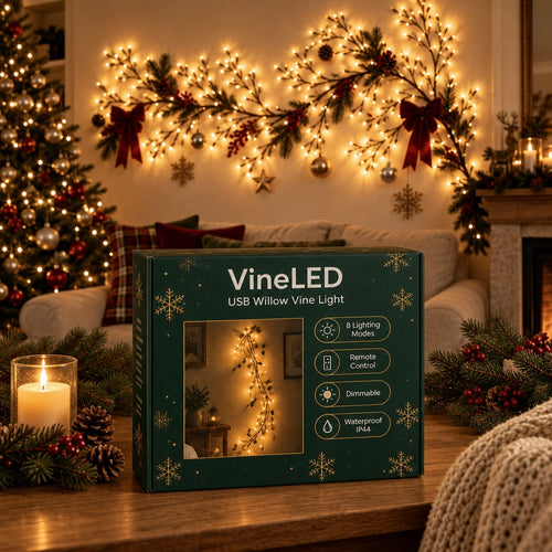 VineLED USB Willow Vine Light retail box displayed on a wooden table in a cozy, decorated Christmas living room. The dark green box features gold snowflake accents and a clear window showing the lighted vine inside.
